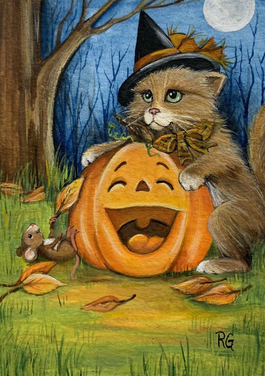 

Oil Painting Art On Canvas Cat Witch Mouse Halloween Pumpkin Fall Leaves Autumn Wall Art Decor Large Picture