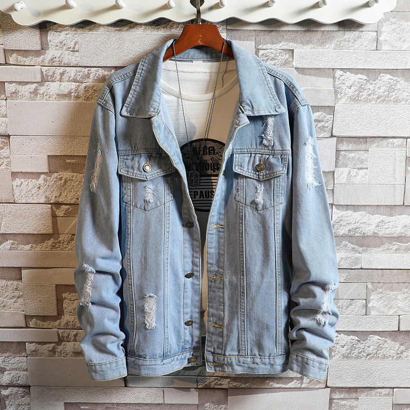 

Autumn Hole Denim Jacket Men's Fashion Wash Solid Color Casual Denim Jacket Man Streetwear Wild Hip Hop Loose Bomber, Baby blue
