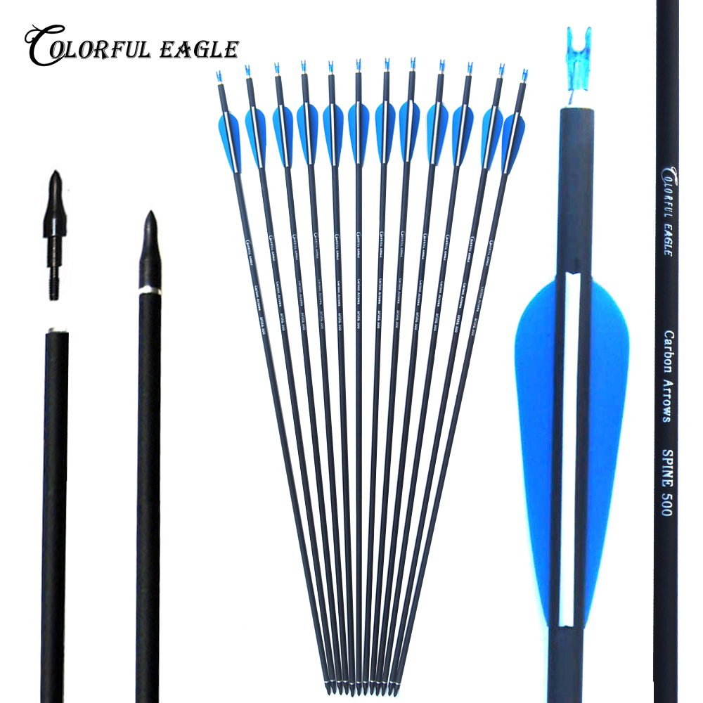 

28/30/31 Inches Carbon Arrows with 3" Feather Spine 500 Carbon Shaft for Recurve Bow Arrow or LongBow Hunting