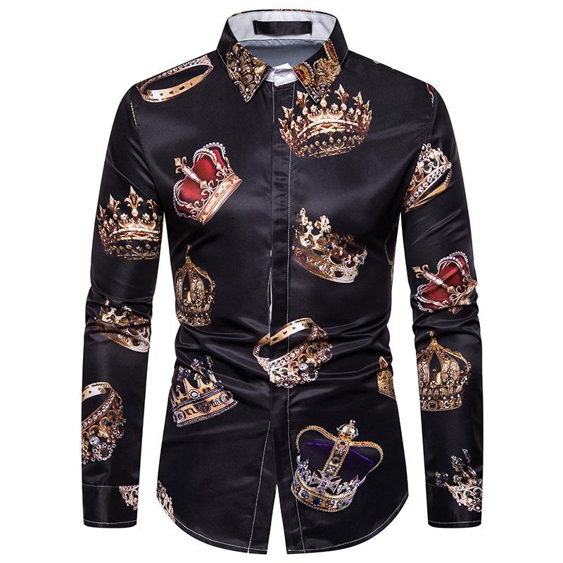 Royal Crown Print Black Shirt Men Luxury Casual Camisas Hombre Manga Larga High Quality Business Formal Slim Mens Dress Shirts