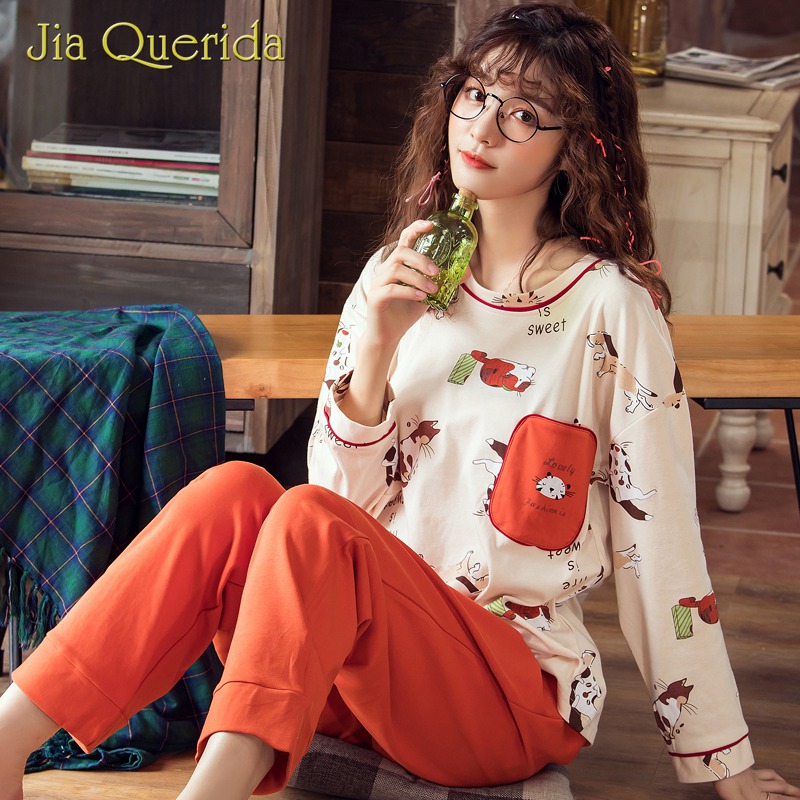 

Womens Pajamas Long Sleeve Cotton Sleep Clothes Round Neck Orange Solid Pants Autumn Spring Cute Print Pijama Women Pyjamas Set, Beige