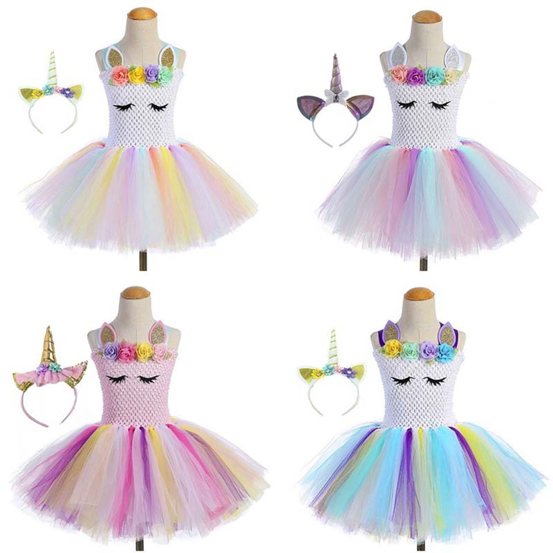 

Unicorn rainbow Girls Dresses kids designer clothes Girls Tutu Dresses birthday Party Dress Headbands Princess Dress kids clothes A2444, Pink