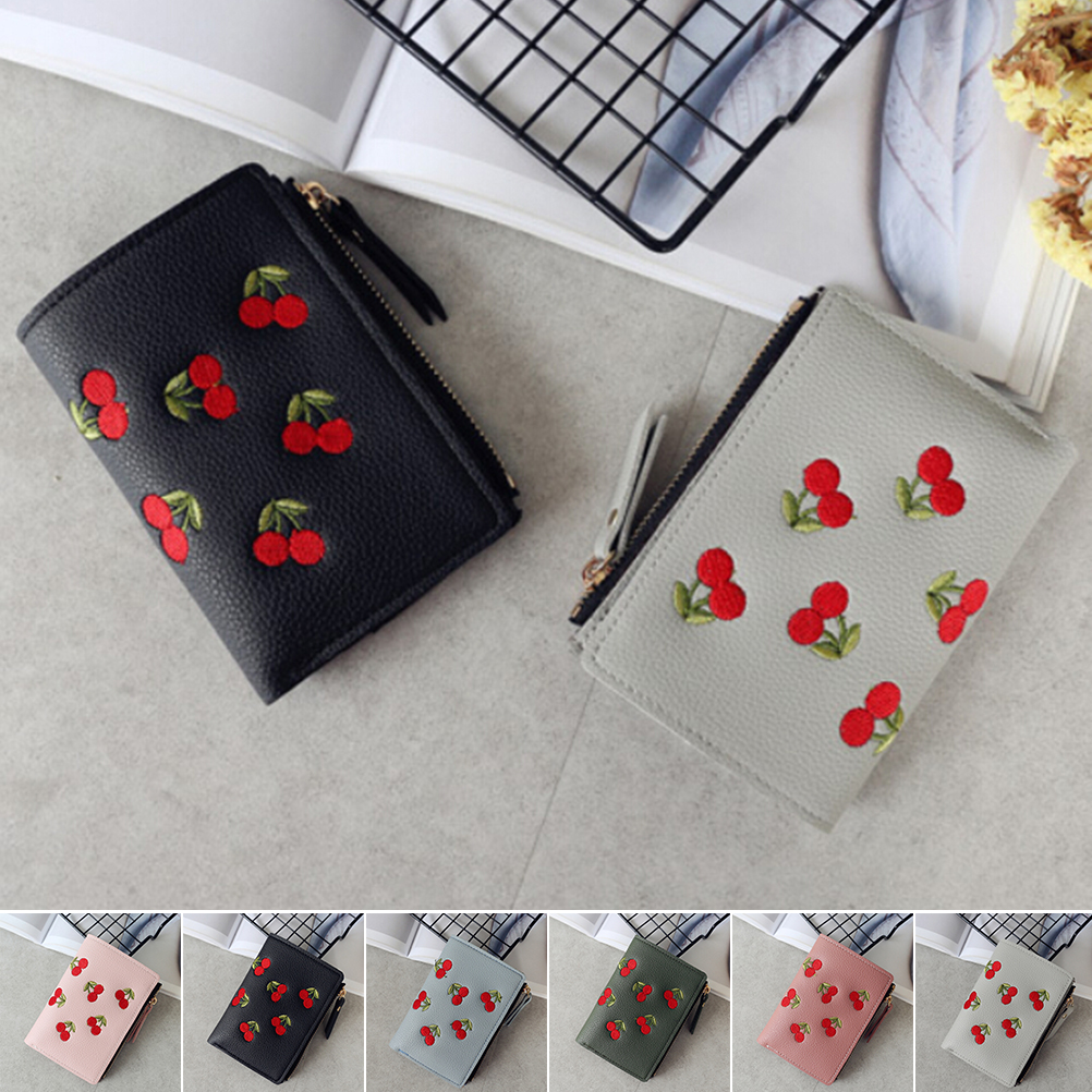 

Fashion Women Short Wallet TOP Quality PU Leather Cherry Embroidery Coin Purse Card Holders Lady Girl Mini Money Bag, Black