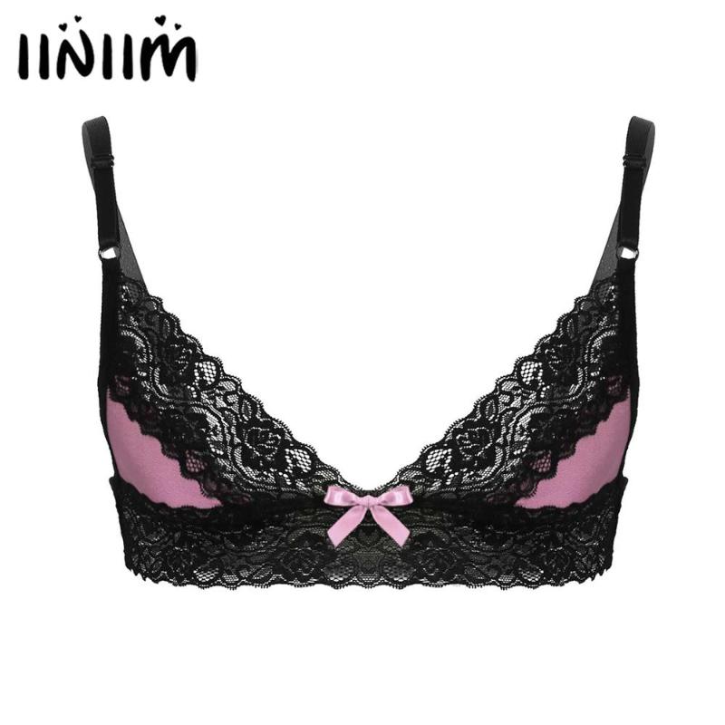 

iiniim Mens Gay Erotic Sissy Lingerie Bras Tops for Fetish Parties Spaghetti Straps Floral Lace Trim Wire-free Unlined Bra Tops, Pink