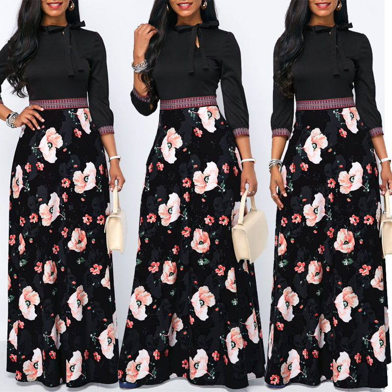 

women maxi dress spring floral print boho style holiday dress casual long sleeve party high waist dress vestidos plus size, Black;gray