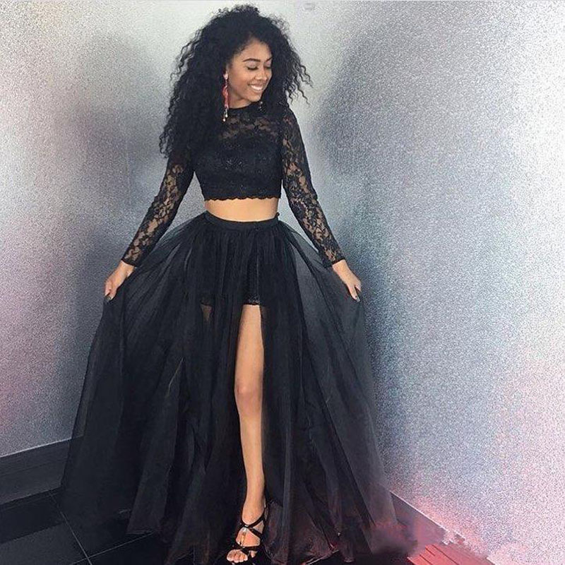 

Sexy Black Long Sleeve Prom Dresses Two Pieces High Split Lace Custom Made Pageant Dress Cheap Formal Dresses Party Evening Gowns, Dark navy