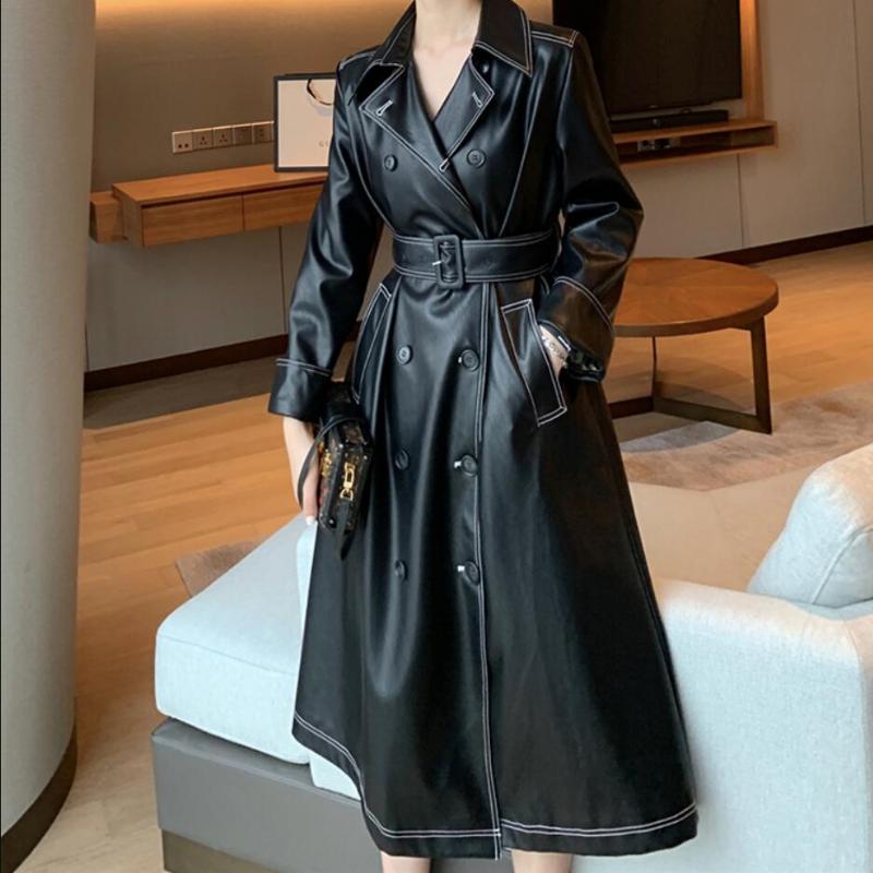 

2020 spring autumn fashion pu leather trench coat women double breasted slim belted long jacket, Black