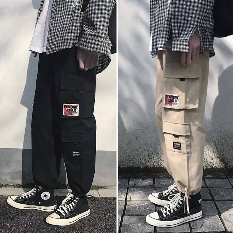 

Hip Hop Pants Streetwear Cargo Pants Men Black Loose Casual Pencil Jogger Pocket Elastic waist Ankle Length Trousers