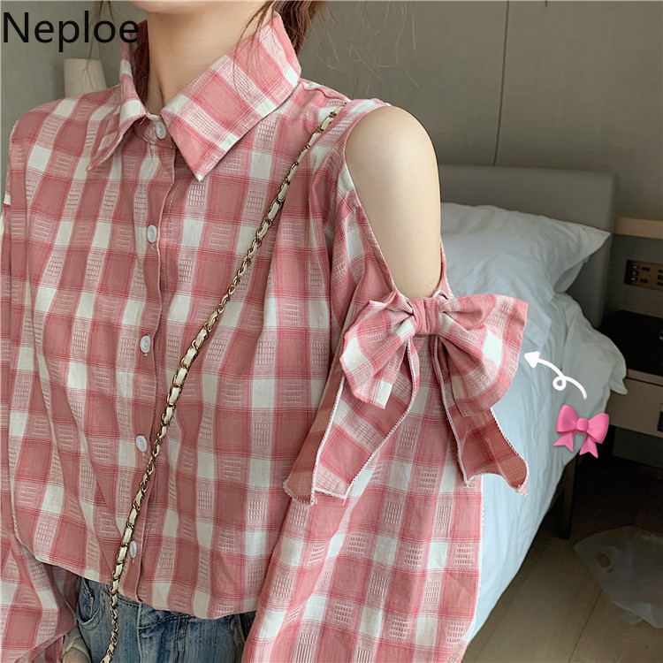 

Neploe Korean Causal Women Plaid Blouse Long Sleeve Strapless Bowknot Shirt Turn Down Collar Single Breasted Blusas Top 4B321, Pink