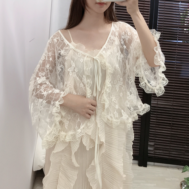 

Floral Lace up Sun protection Women Clothing Bow Solid White Lace Cover-ups Wrap Women Open Stitcg Blouse, Apricot