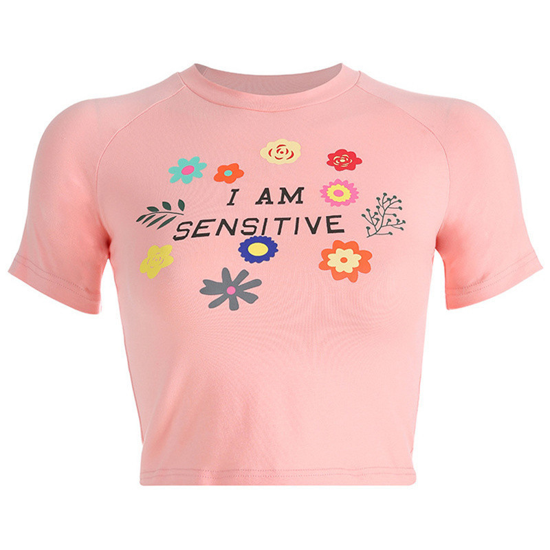 

Women Summer Flower Print Pink Sweet T-shirts Girls Short Sleeve Casual Crop Shirts I Am Sensitive Letter Tees Women Short Shirt, As picture