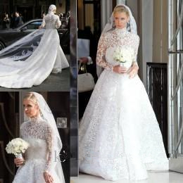 

Nicky Hilton White Lace Wedding Dresses with Long Sleeves High Neck Bridal Gowns Cathedral Vintage Beach Wedding Dresses vestido de noiva
