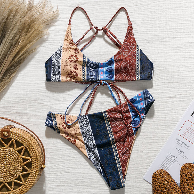 

Bikini Set Vintage Print Swimwear Women Sexy Bandage Swimsuit Bandeau Bikini Swimming Suit Bathing Suit Beachwear Biquini