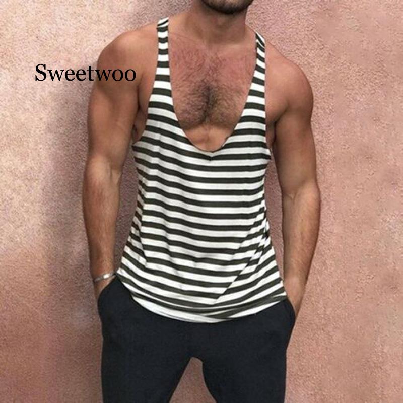 

2020 New Style Men' Casual Stripe Sleeveless Shirt Muscle Fitness Gym Sport Outdoors Vest Tops, Blue