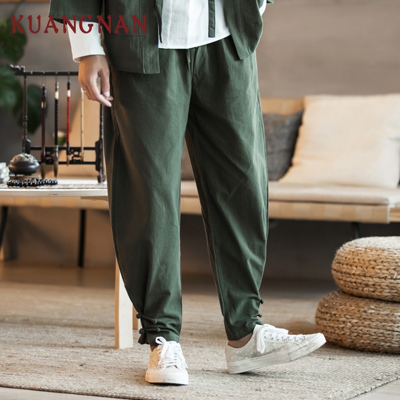 

KUANGNAN Chinese Style Cotton Pants Men Jogger Japanese Streetwear Joggers Men Pants Hip Hop Trousers 2019 Spring, Black