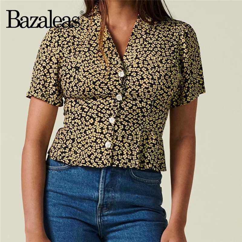 

Bazaleas France Night Blue Flowers Print blouse women Fashion Center Buttons Women blouse Cute summer tops, C642 yellow n751