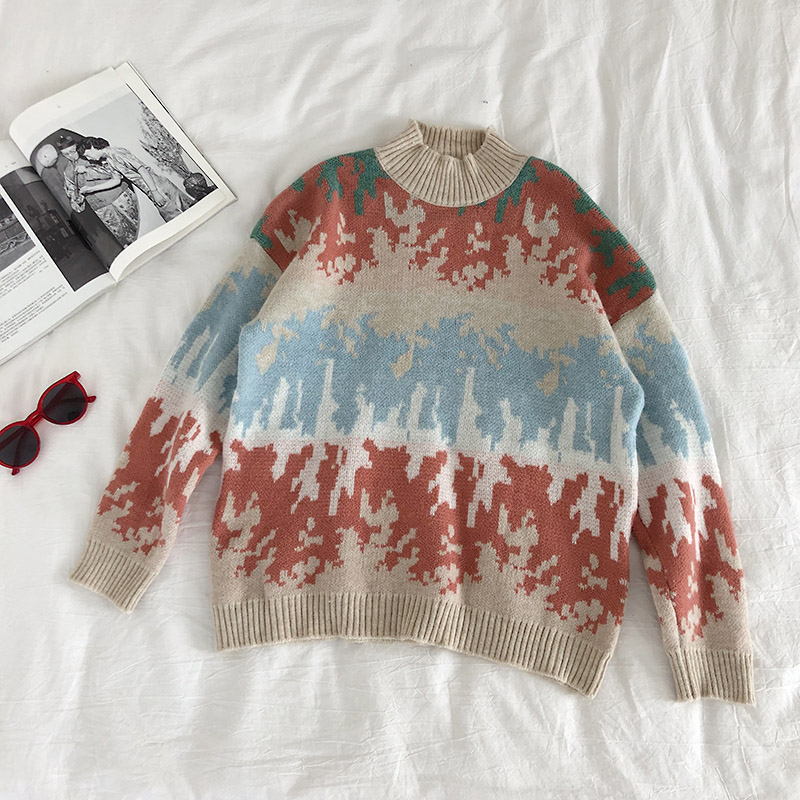 

New 2020 Autumn Winter Women' Sweaters Print Knitting Pullovers Women Long Sleeve Casual Sweaters Warm Female Jumpers Top, Beige