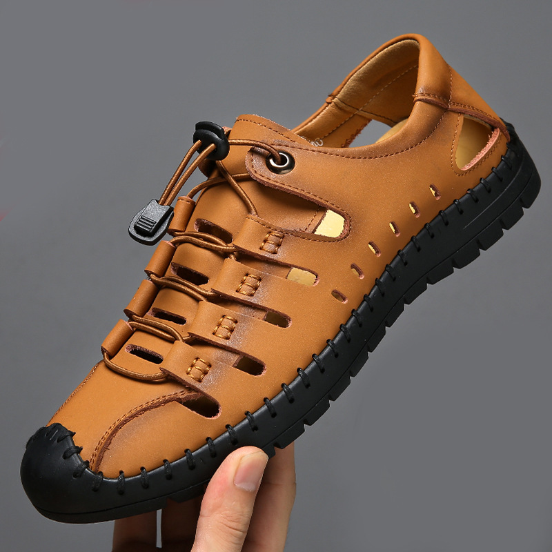

Sewing breathable hollow platform shoes men flats sandals genuine leather summer casual sandals men shoes hommes chaussures, Khaki