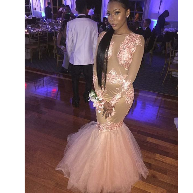 

African Mermaid Long Sleeve Prom Dresses Appliques Illusion New Stylish 2020 Evening Gowns Custom Made Vestido Arabic Formal Party Gowns, Gold