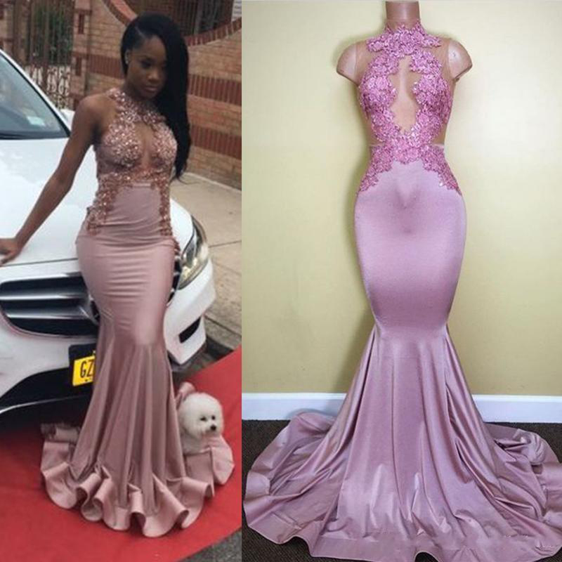 

Black Girls Mermaid Prom Dresses Long Lace Applique Elastic Satin Custom Made Evening Gowns Party Wear, Royal blue