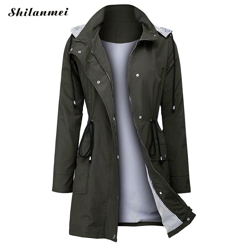 

Women Outdoor Waterproof Outerwear Fashion Long Sleeve Hooded Raincoat Windbreaker Hiking Trench Coats Ladies Casual Solid Color, Black