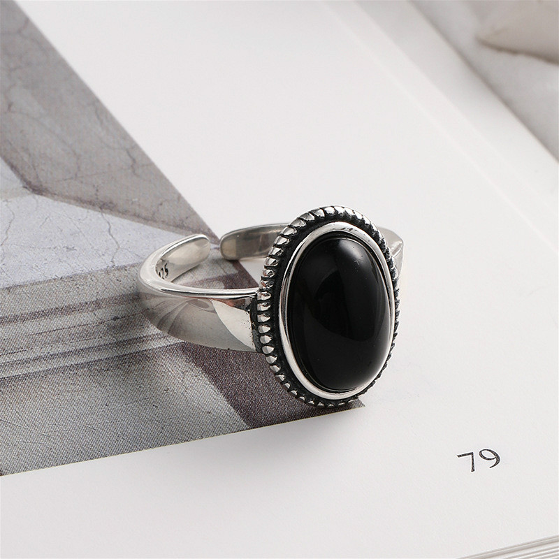 

Flyleaf Black Onyx Rings For Women Real 925 Sterling Silver Fine Jewelry Open Ring Vintage 100% Natural Stone Mother's Gift