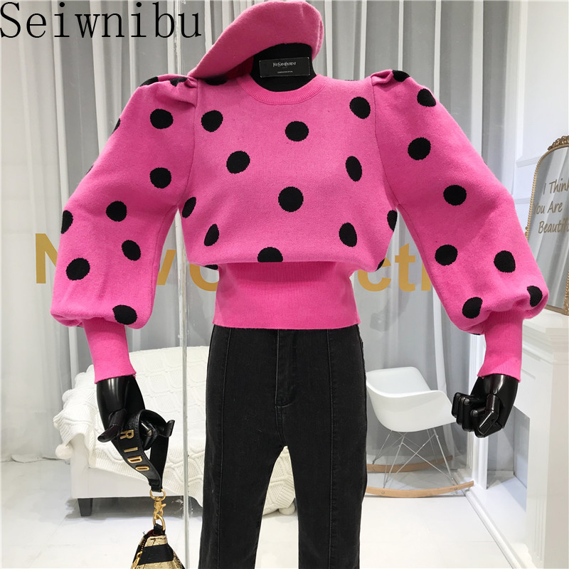 

Puff Sleeve Pullover Knitwear 2020 Spring Autumn Women Polka Dot Winter Top Knitted O-Neck Sweater Woman Bottom Jumper, Picture color