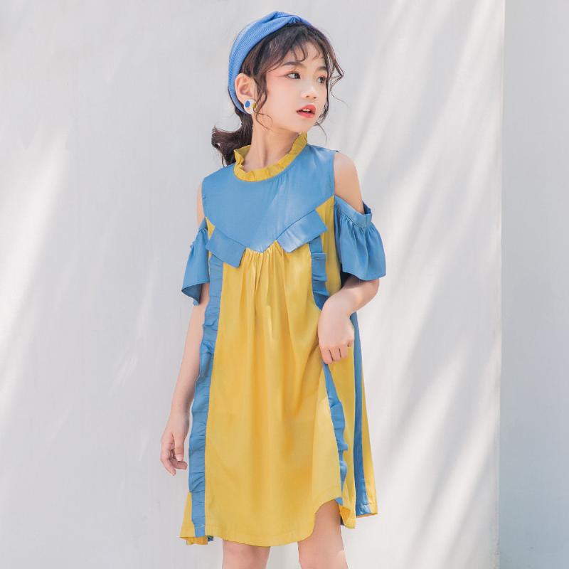

Summer dress girls 2020 new off-the-shoulder color matching princess dress ruffled Korean children's, Yellow