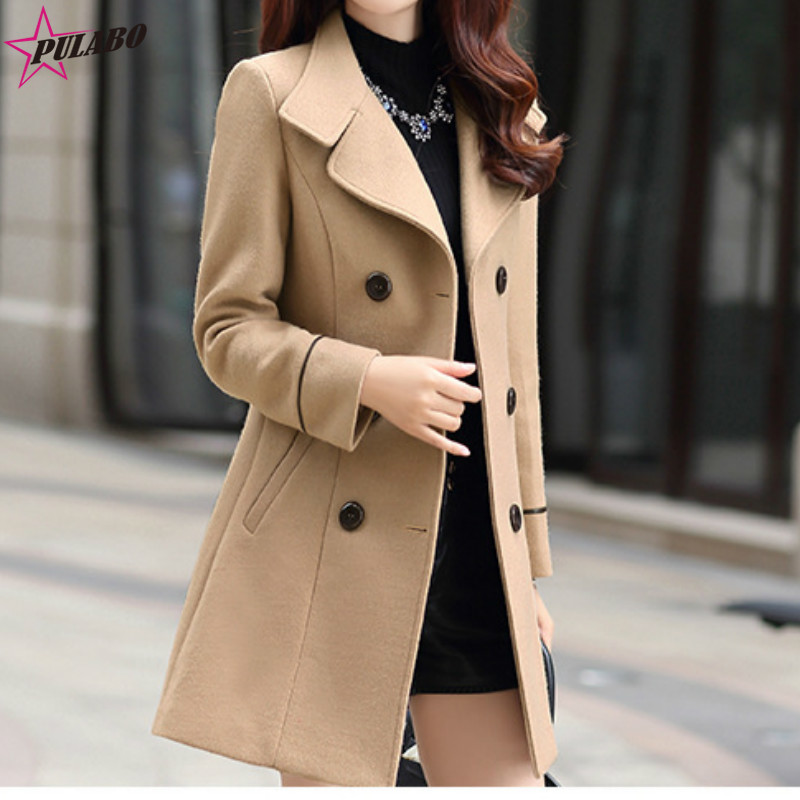 

PULABO Women's Double-Breasted Slim Solid Wool-Blend Winter Pea Coats Winter Long Coat Women Ropa Mujer Invierno Female Jacket