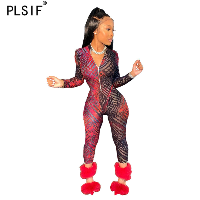 

Sexy style tie dye print lady jumpsuits one piece set sexy skinny full length catsuits club sports jumpsuits, Red