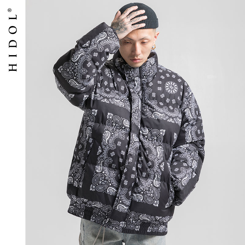 

Winter Thick Vintage Paisley Floral Print Parka Coats Retro Geometric Zipper Jacket Men Hip Hop Swag Contrast Patchwork Black