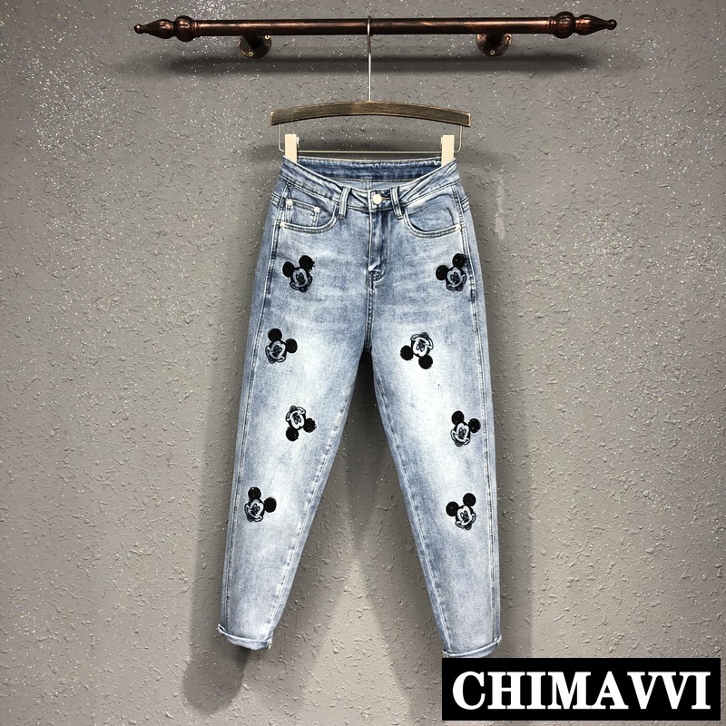 

Cool Embroidery Hot Drilling Jeans Long Trousers New Spring Women's High-waist Loose-Fit Denim Pants Skinny Harem Pants, Light blue