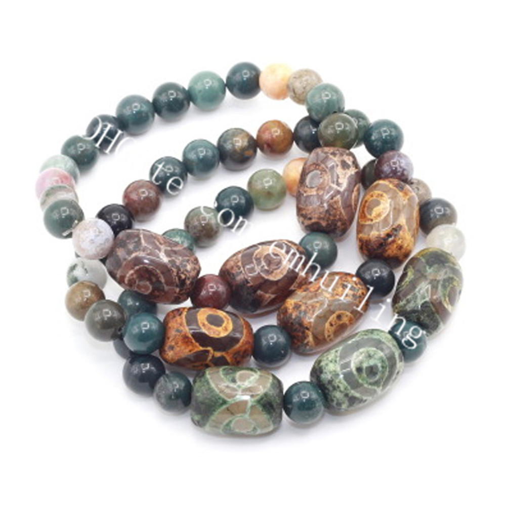 

10Pcs Natural Indian Agate Gemstone Beaded Men Women Stretch Bracelet Vintage Prayer Tibetan Agate Dzi Beads Elastic Bracelets Good Fortune