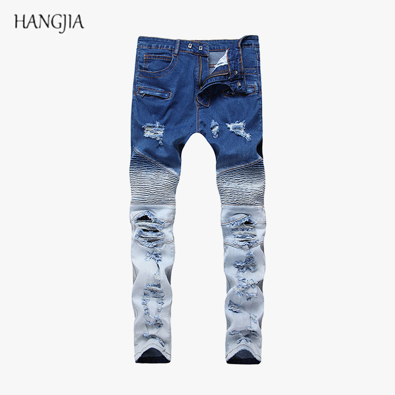 

Men's Ripped Slim Fit Jeans Washed Destroyed Tide Distressed Colorblock Skinny Biker Jeans Youth Knee Pleated Hole Denim Pants, Red