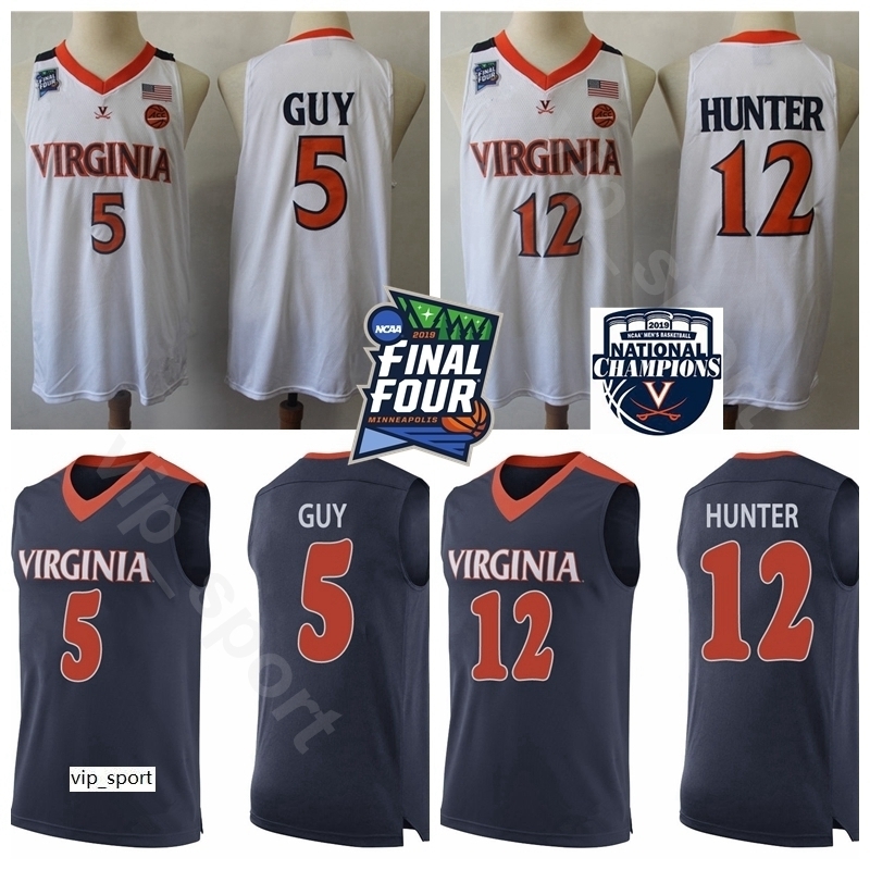 

Virginia Cavaliers College 5 KYLE GUY Jersey 2019 Final Four Champions 12 DE ANDRE HUNTER Jersey University Stitched Navy Blue White, 12 white