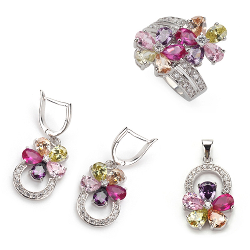 

SHUNXUNZE sumptuous wedding jewelry sets flower (ring/earring/pendant) Pink Purple Morganite Peridot Cubic Zirconia Rhodium Plated R504set
