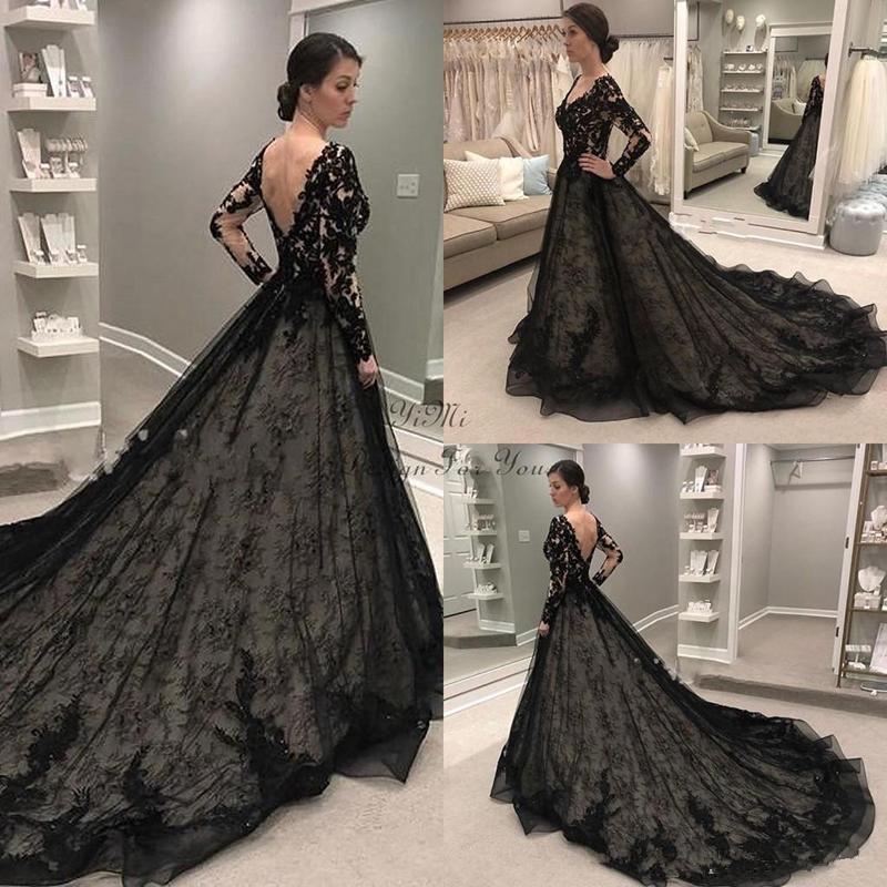 

Black lace Gothic Wedding Dresses 2020 Long Sleeve V Neck Sweep Train applique Illusion Bodice Garden Country Bridal Gowns robes de mariée, Coral