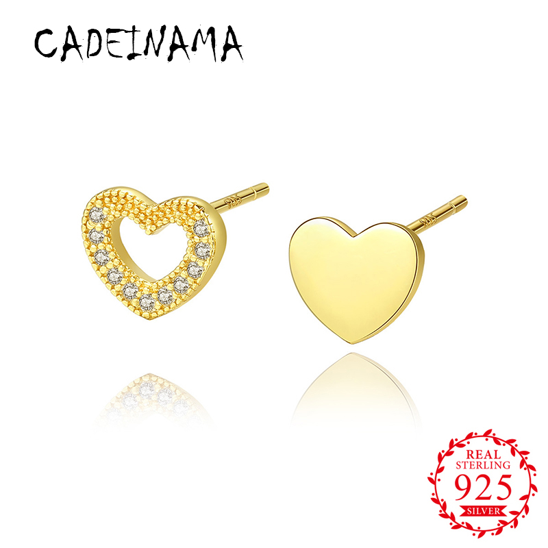 

CADEINAMA Fashion Women Genuine Solid 925 Sterling Silver Stud Earrings Girl LOVE Heart Simple Zircon Earrings Wedding Gift