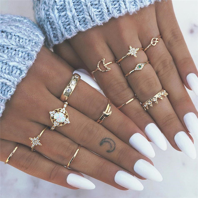 Bohemian Retro Rings Women Pearl Crown Crystal Ring Girls Heart Waves Geometric Gold Ring Set Party Jewelry Gifts-image-514769980