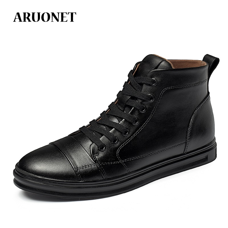 

AURONET New Autumn And Winter Men'S Boots Lace-Up Increased Wear-Resisting Casual Shoes Genuine Leather Outdoor Winter Boots, Black - no plush