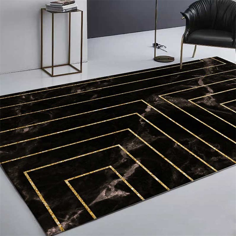 

Black Marble Printed Large Kilim Carpets Living Room Bedroom Decor Anti-Slip Floor Mat Golden Geometric Striped Table Area Rugs, Carpet1