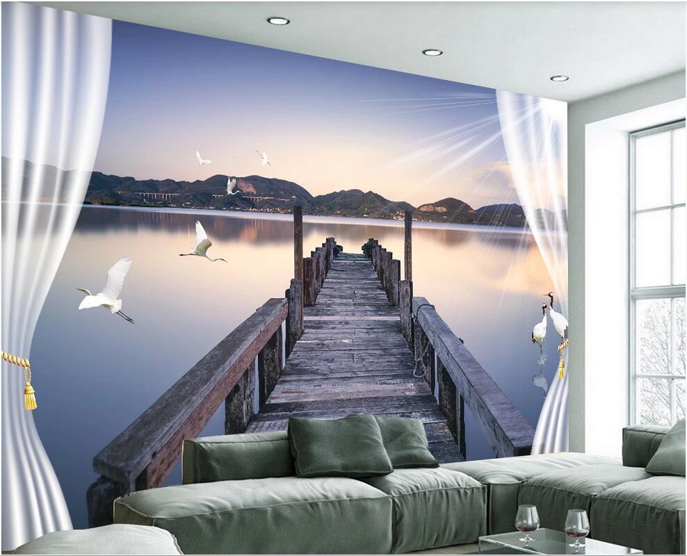 

WDBH 3d wallpaper custom photo Fresh and elegant seascape scenery pier wood pile crane background wall wallpaper for walls 3 d, Non-woven
