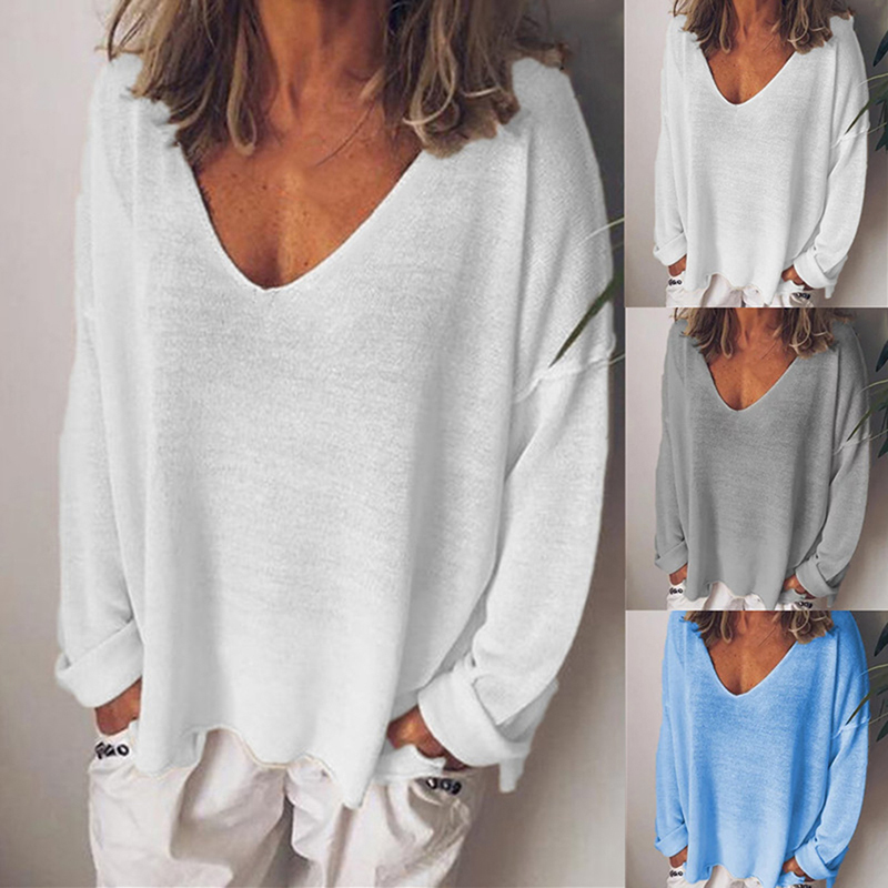

Harajuku Streetwear New Fashion Loose Solid tops Long Sleeve V-neck New Women's Large Size T-Shirt, Gray