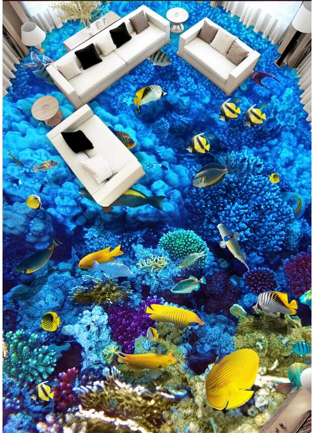 

3d flooring custom photo Waterproof pvc Self-adhesive floor Dark blue ocean fish group coral Home decor living room wallpaper for walls 3 d