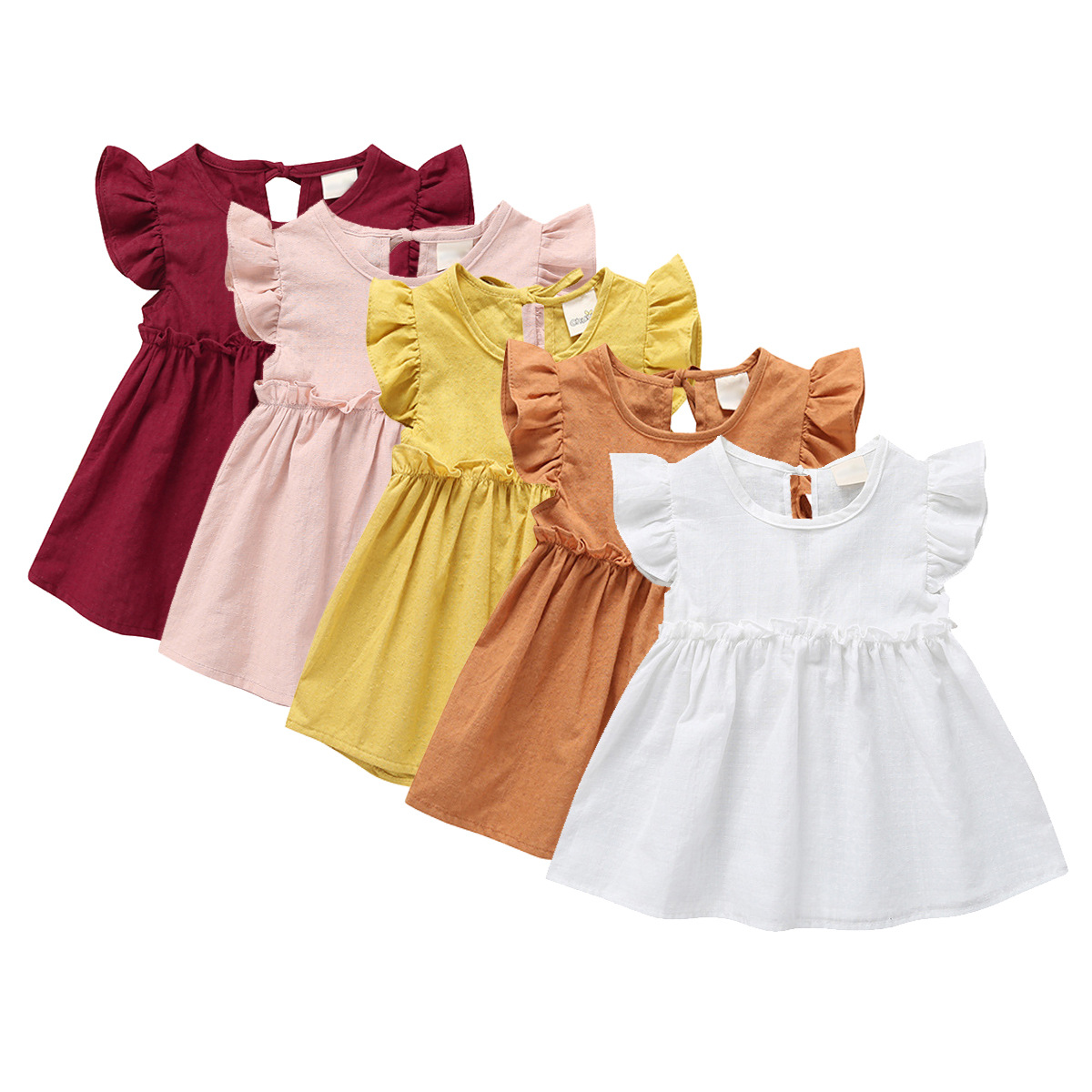 

5 Colors Baby Girls Dress Kids Fly Sleeve Solid Soft Cotton Back Bowknot Dress 2020 New Summer Fashion Children Lace Dress Clothing, Multi-color