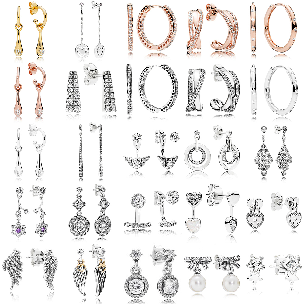

2019 NEW 100% 925 Sterling Silver Pandora Earrings Round Eardrop Sparkling Love Heart Ear Studs Charm Bead Fit Original DIY Dangler Gifts