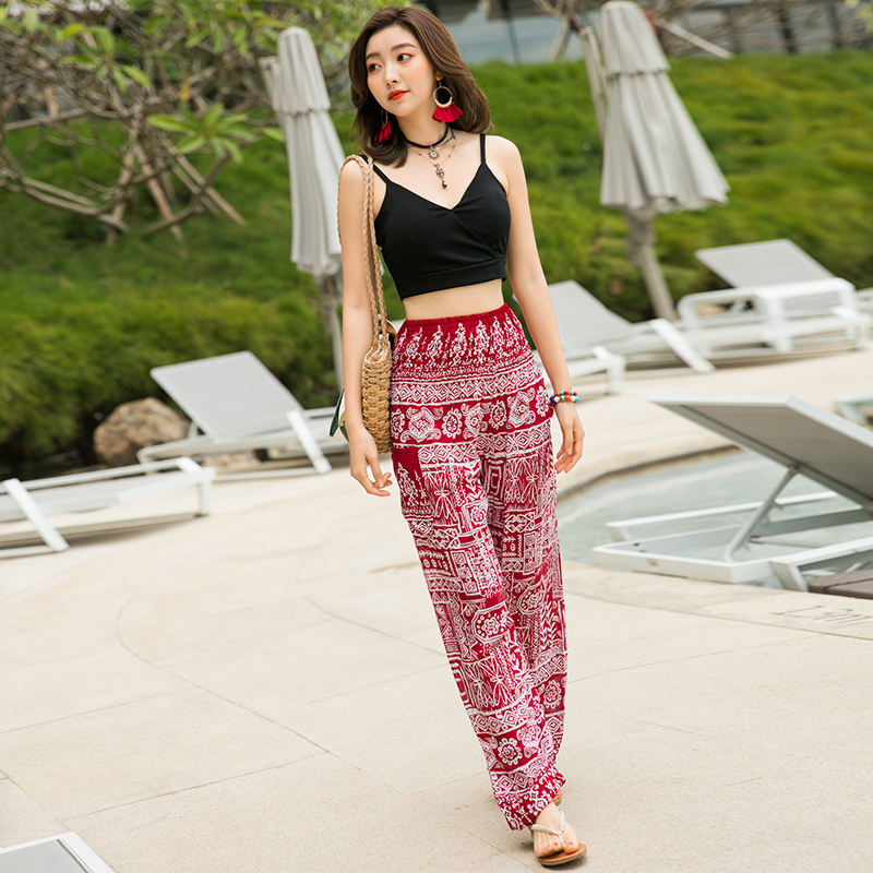 

Summer Cotton Silk Holiday Beach Pants Pattern Print Large Size Women Wide Leg Pant Loose High Waist Beam Foot Trousers, 1652