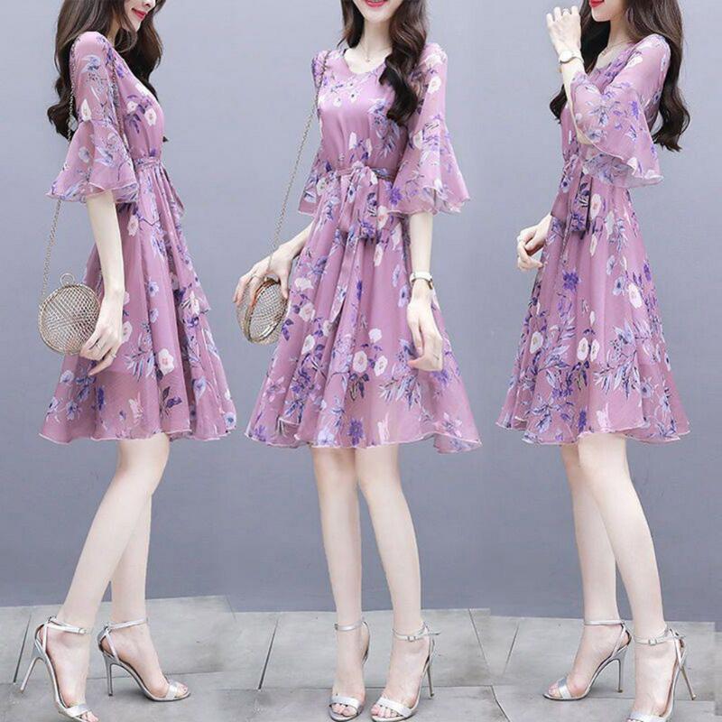 

2020 Summer Dress Women Floral Print Ruffles Long Chiffon Dress Boho Style Beach Sundress Short Sleeve Wrapped Party Dress#J30, Purple