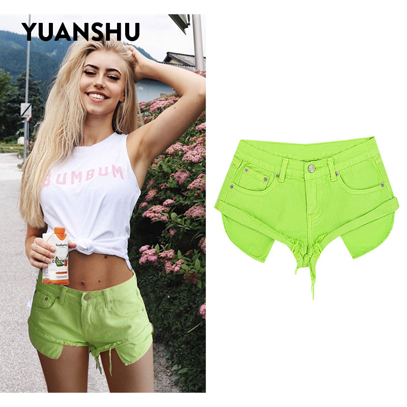 

Women Sexy Denim Shorts Summer Mustard Green Holiday Beach Short Jeans High Street Lady Exposed Pockets Cotton Hot Jeans