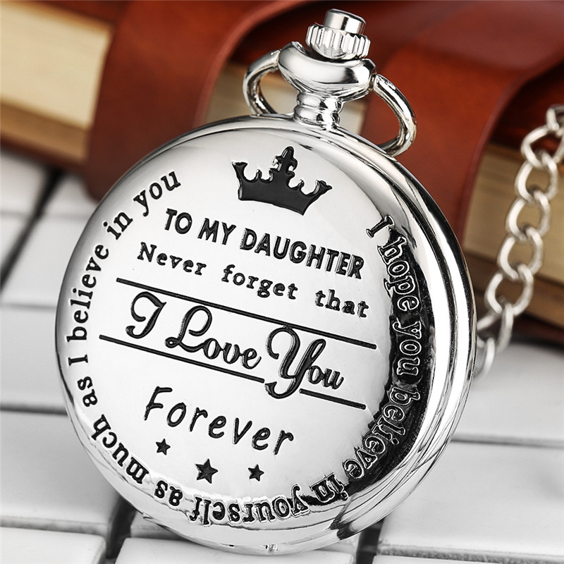 

Vintage Watches Silver Black Gold "To MY Daughter" I LOVE YOU Laser Word Girl Analog Quartz Pocket Watch FOB Pendant Chain Children Gifts